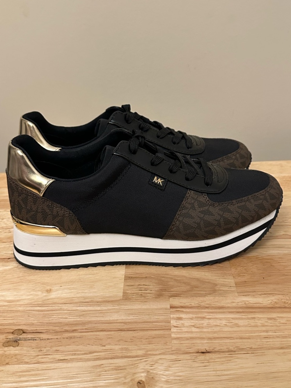 Michael Kors Black, Brown & Gold Platform Sneakers - Picture 10 of 12